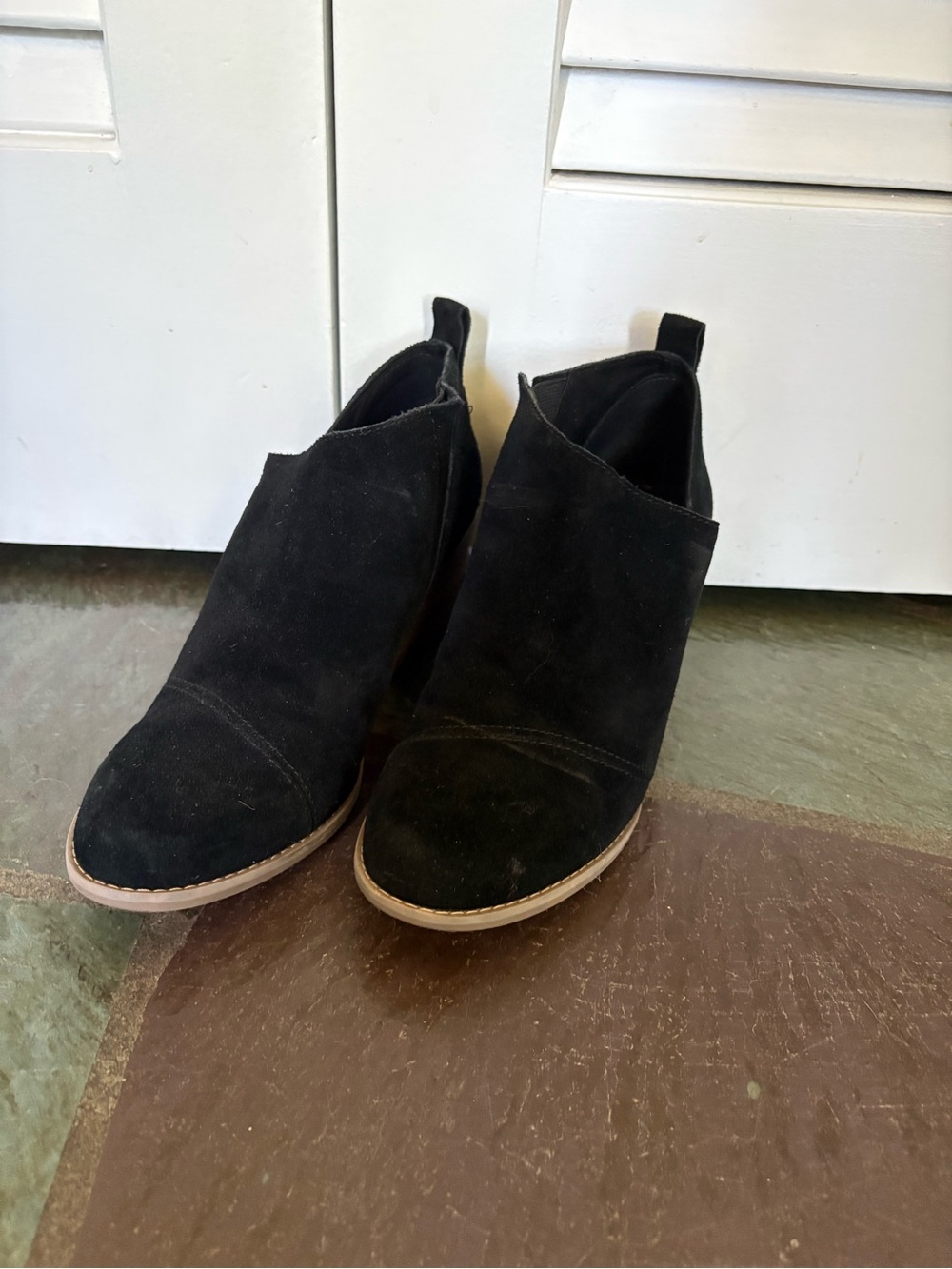 Toms Black Suede Ankle Booties with Tan Sole